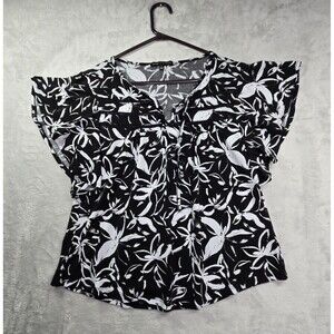 Adrienne Vittadini Blouse Women's Large White Black Floral Cap Sleeve Hawaiian